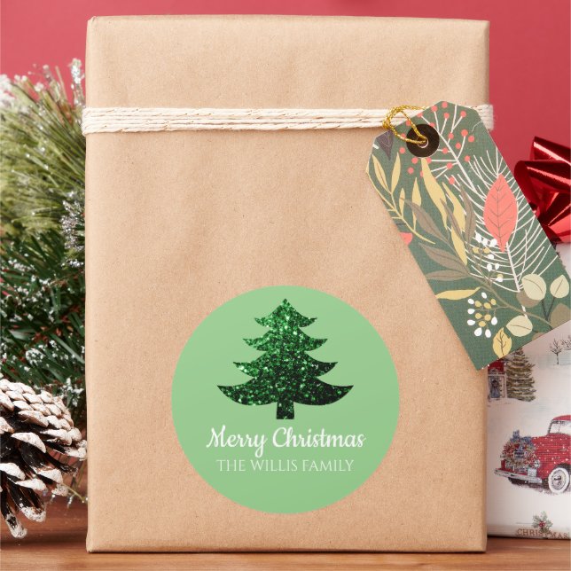 Sticker Rond Joyeux sapin vert de Noël Parkly Nom de famille (vacances)