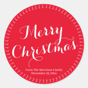 Sticker Rond Joyeux script de Noël rouge nom de famille person