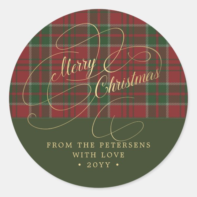 Sticker Rond Joyeux script d'or de Noël rustique rouge vert pla (Devant)