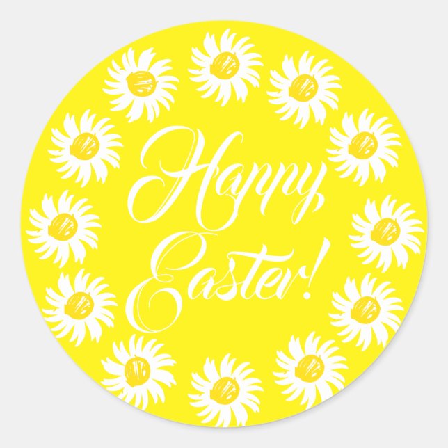 Sticker Rond Joyeux script jaune Pâques mignonette marguerite j (Devant)