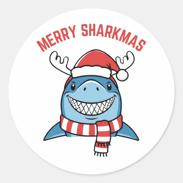 Sticker Rond Joyeux Sharkmas Drôle de Noël Shark (Devant)