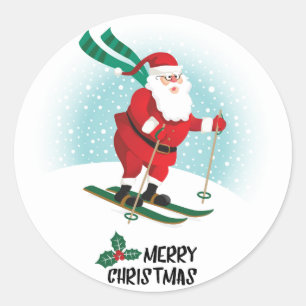 Sticker Rond Joyeux Ski de Noël Père Noël   Vacances