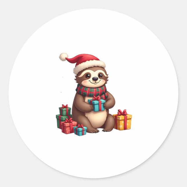 Sticker Rond Joyeux Slothmas mignon sloth de Noël chapeau de Pè (Devant)