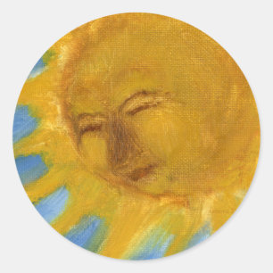Sticker Rond Joyeux Soleil Face Jaune et Bleu, Vieux Sol