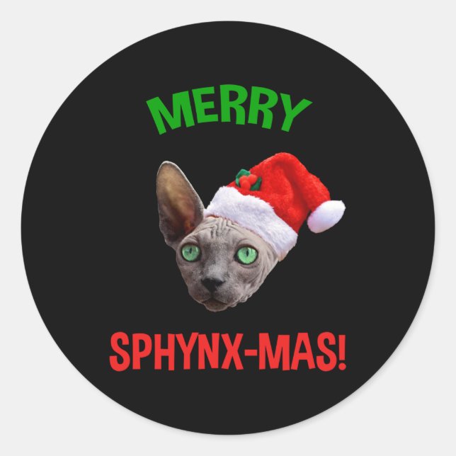 Sticker Rond Joyeux Sphynx-Mas Drôle Amoureux des chats de Noël (Devant)