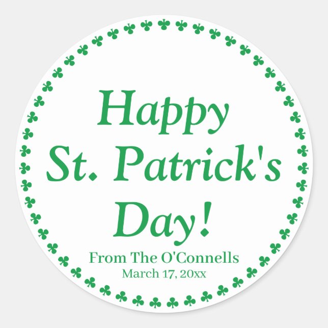 Sticker Rond Joyeux St. Patrick's Day green clovers texte perso (Devant)