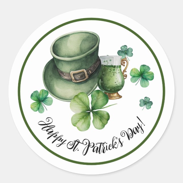 Sticker Rond Joyeux St.Patrick's Day Leprechaun Casquette Bière (Devant)
