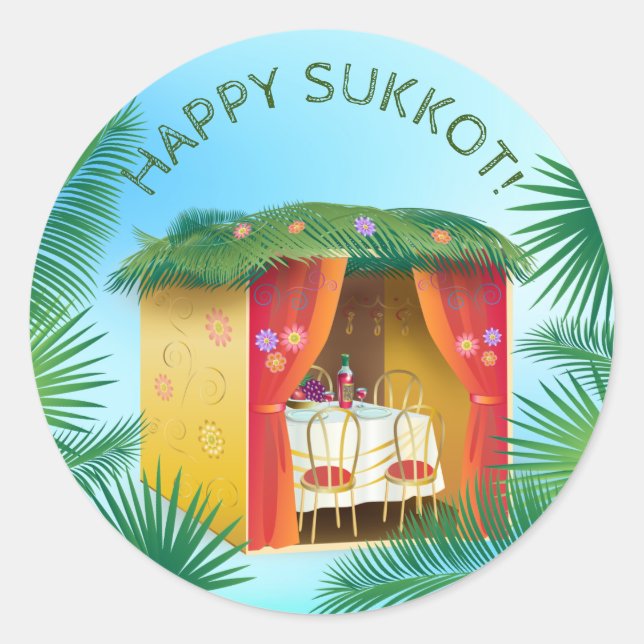 Sticker Rond Joyeux Sukkot Sukkah Lulav et Etrog Aquarelle (Devant)