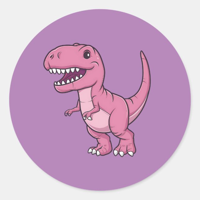 Sticker Rond Joyeux T-Rex Dino rose (Devant)