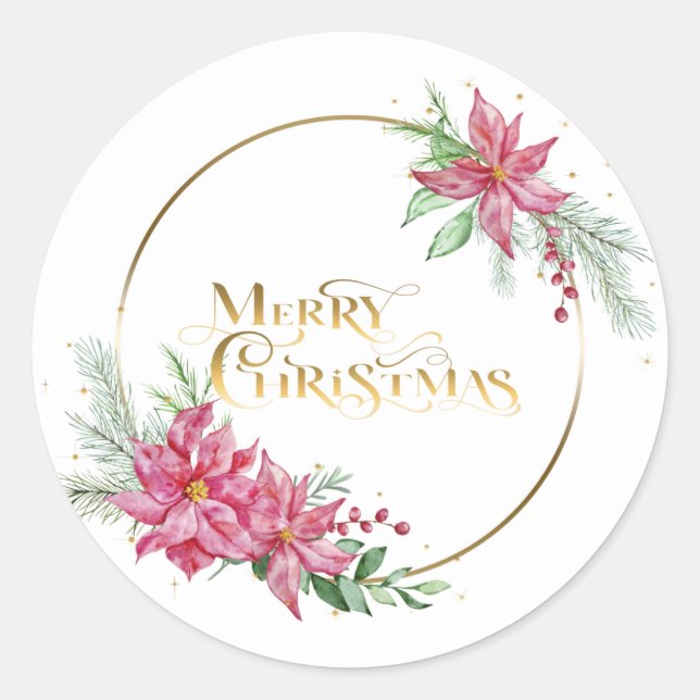 Sticker Rond Joyeux texte de Noël or avec Poinsettias et Pine (Devant)