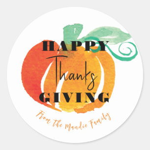 Sticker Rond Joyeux Thanksgiving Aquarelle Citrouille Peinte à 