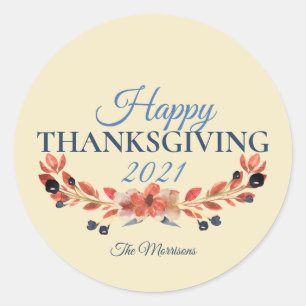 Sticker Rond Joyeux Thanksgiving Bleu Brun Floral Aquarelle
