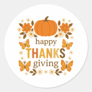 Sticker Rond Joyeux Thanksgiving Boho Floral Citrouille Papillo