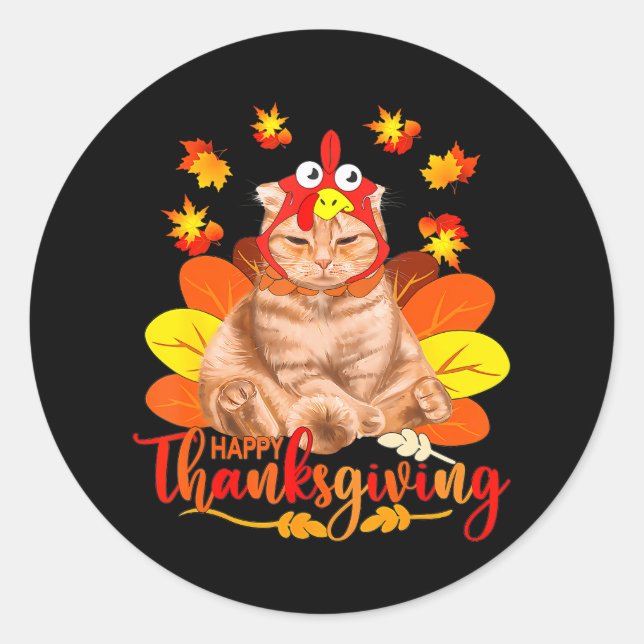 Sticker Rond Joyeux Thanksgiving Cat Turkey Christmas (Devant)
