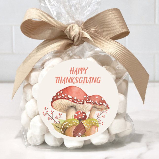 Sticker Rond Joyeux Thanksgiving Champignons Rouges Automne (Red mushrooms "Happy Thanksgiving" stickers)
