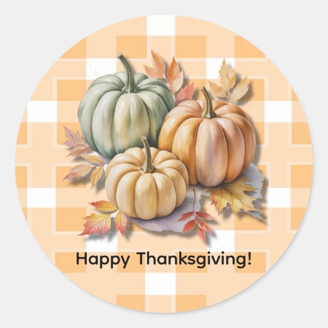 Sticker Rond Joyeux Thanksgiving Citrouilles & Feuilles d'Autom (Devant)