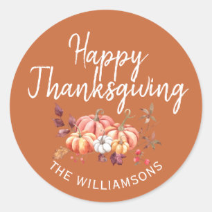 Sticker Rond Joyeux Thanksgiving d'automne Citrouille Orange Br