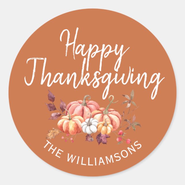 Sticker Rond Joyeux Thanksgiving d'automne Citrouille Orange Br (Devant)