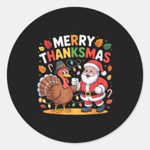 Sticker Rond Joyeux Thanksmas Dinde Père Noël Thanksgiving Chri