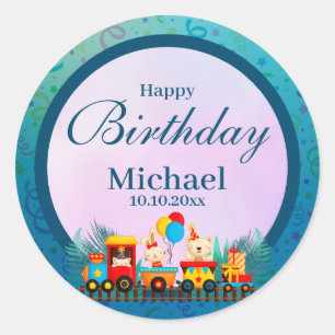 Sticker Rond Joyeux Train D'Anniversaire Avec De Beaux Souhaits
