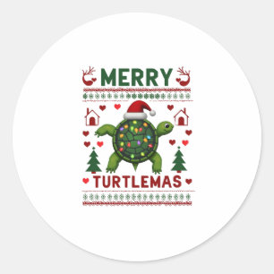 Sticker Rond Joyeux Turtlemas Lumières de Noël Tortue Mignonne 