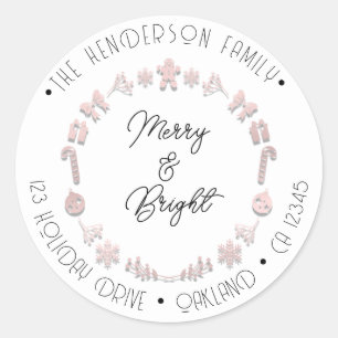 Sticker Rond Joyeux Vacances Adresse Wreath Deer Rose Blanc