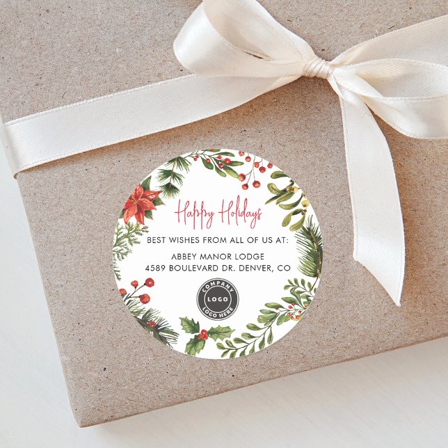 Sticker Rond Joyeux vacances Business Logo Noël (Botanical Red Berries Business Logo Happy Holidays Christmas Round Sticker)