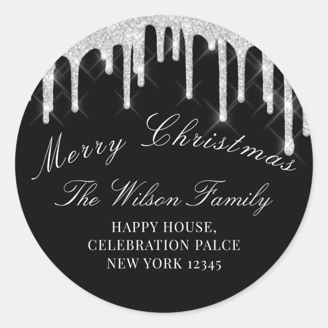 Sticker Rond Joyeux vacances de Noël RSVP noir gris argent (Devant)