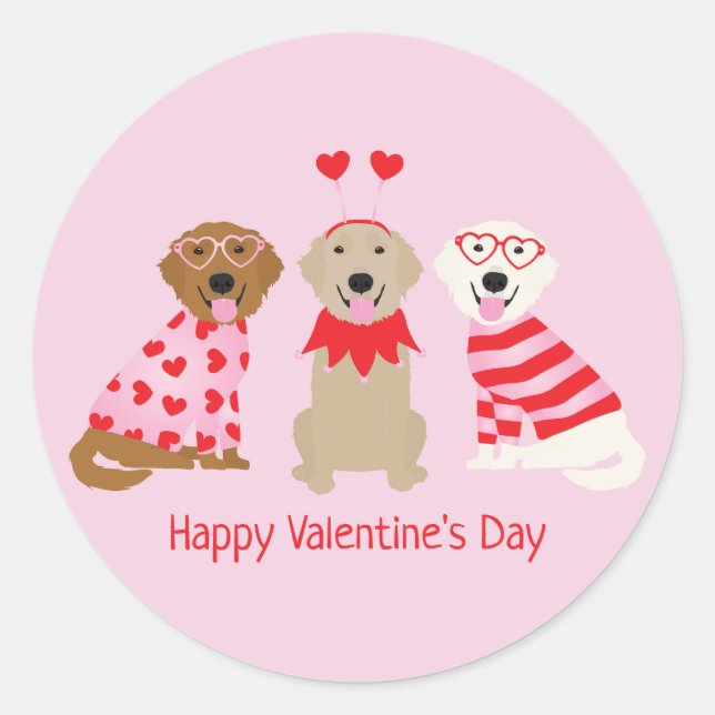 Sticker Rond Joyeux Valentines Day Golden Retriever Dogs (Devant)