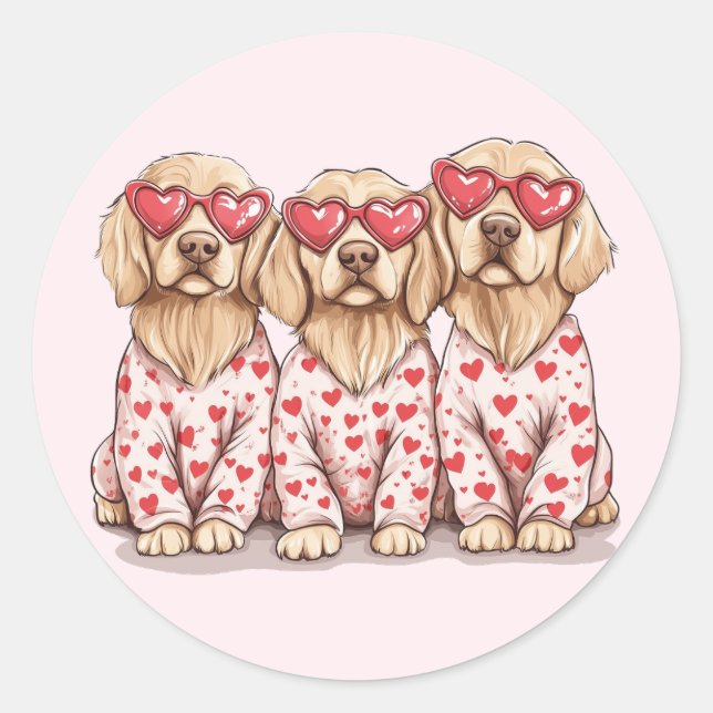 Sticker Rond Joyeux Valentines Day Golden Retriever Dogs (Devant)