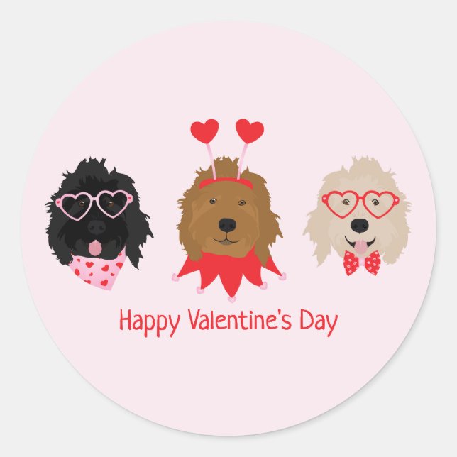 Sticker Rond Joyeux Valentines Day Mini Goldendoodle Chiens (Devant)