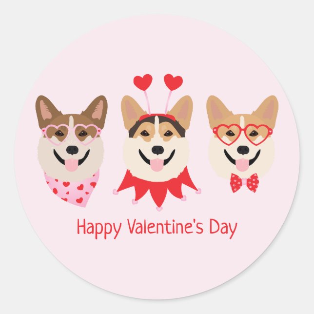 Sticker Rond Joyeux Valentines Day Pembroke Welsh Corgi Chiens (Devant)