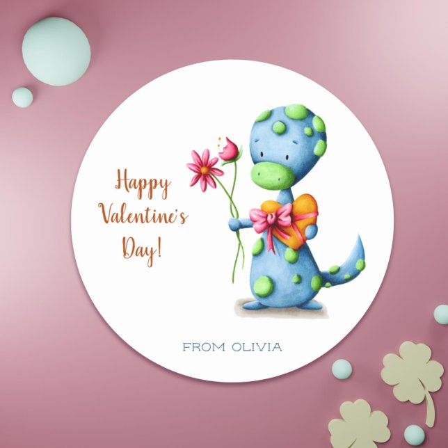 Sticker Rond Joyeux Valentines Jour classe Dinosaur (Happy Valentines Day Classroom Dinosaur Classic Round Sticker)