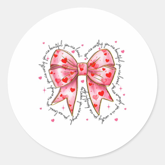 Sticker Rond Joyeux Valentines Jour Coquette Coeur Bow Fille Fe (Devant)