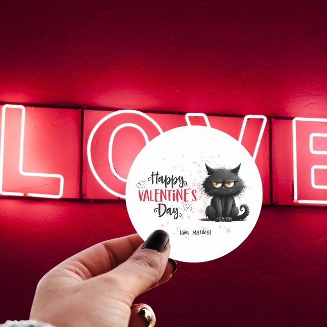 Sticker Rond Joyeux Valentines Jour Drôle Chat Noir (Créateur téléchargé)