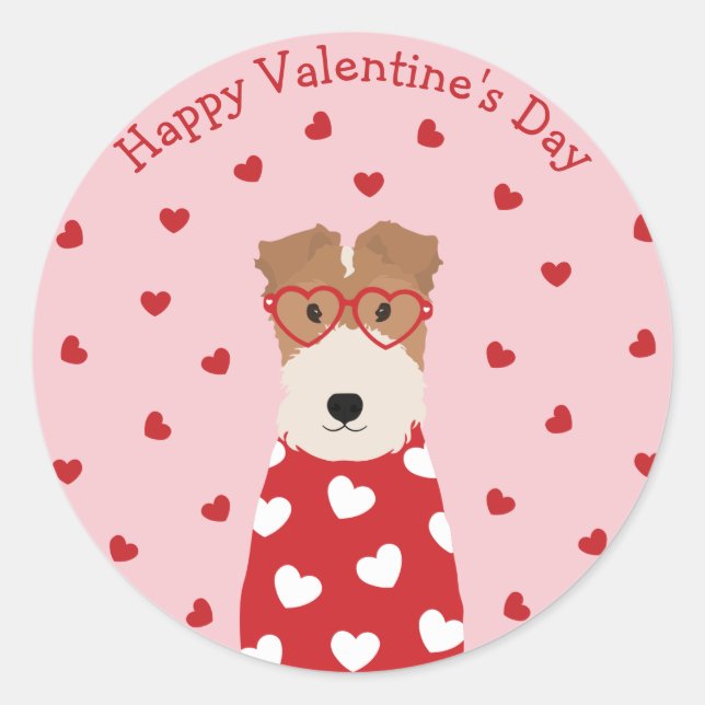 Sticker Rond Joyeux Valentines Jour Fil Fox Terrier Chien (Devant)