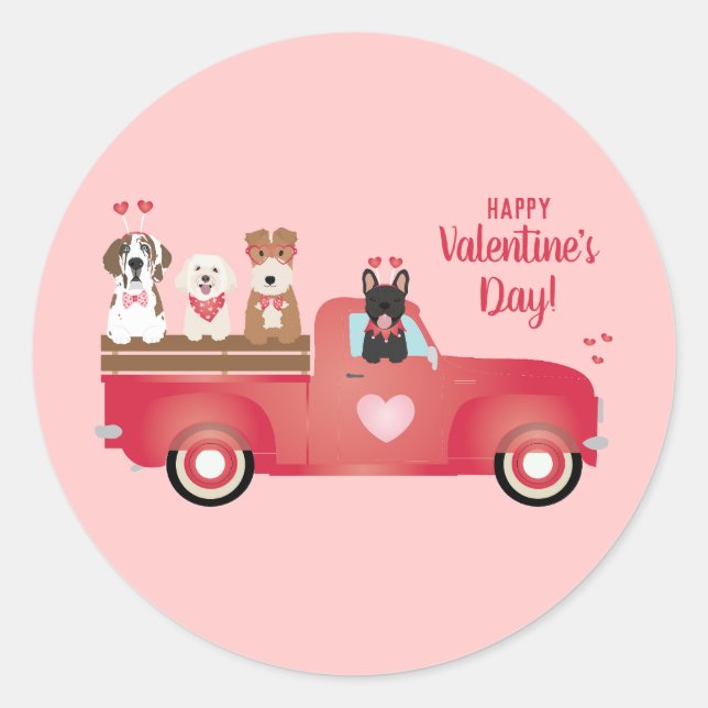 Sticker Rond Joyeux Valentines Jour Pickup Camion Aimer Chiens (Devant)