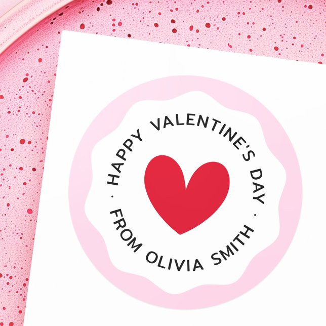 Sticker Rond Joyeux Valentines jour rose ondulé frontière coeur (Happy Valentines day pink wavy border red heart Classic Round Sticker)