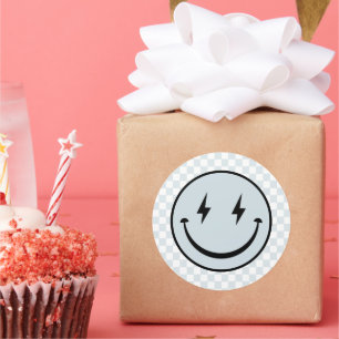 Sticker Rond Joyeux Visage Super Bleu Check Garçon Anniversaire