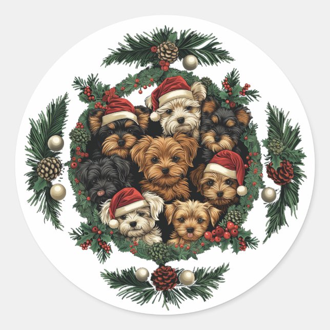 Sticker Rond Joyeux Yorkshire Terrier Chiens de Noël (Devant)