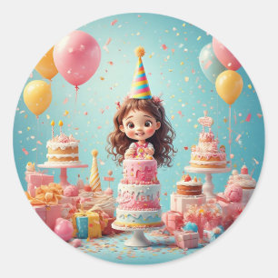Sticker Rond Joyful Child Celebrate Birthday with Cake