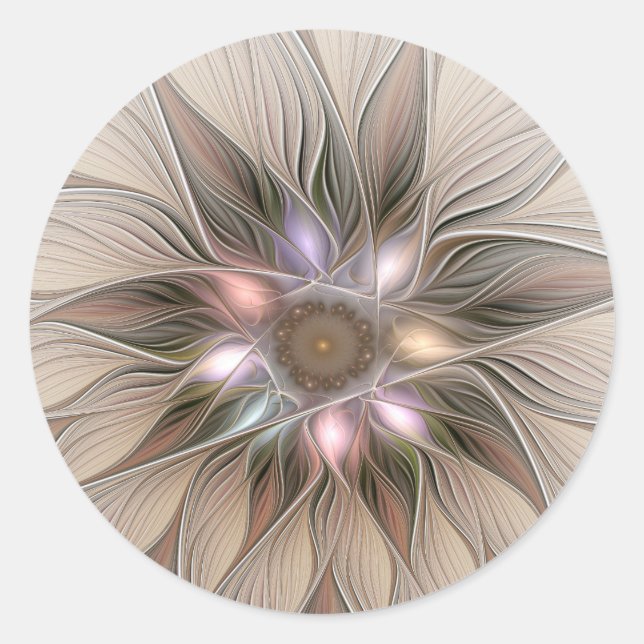 Sticker Rond Joyful Flower Abstract Beige Brown Floral Fractal (Devant)
