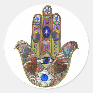 Sticker Rond Judaica Hamsa Coeurs Fleurs Opal Art Imprimer