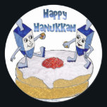 Sticker Rond Judaica Happy Hanukkah Dancing Dreidels<br><div class="desc">You are viewing The Lee Hiller Designs Collection of Home and Office Decor,  Apparel,  Toxiques and Collectibles. The Designs include Lee Hiller Photographie et Mixed Media Digital Art Collection. You can view her her Nature photographiy at at http://HikeOurPlanet.com/ and follow her hiking blog within Hot Springs National Park.</div>