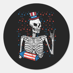 Sticker Rond Juillet Rocker Skeleton Patriotic Rock Hommes Garç