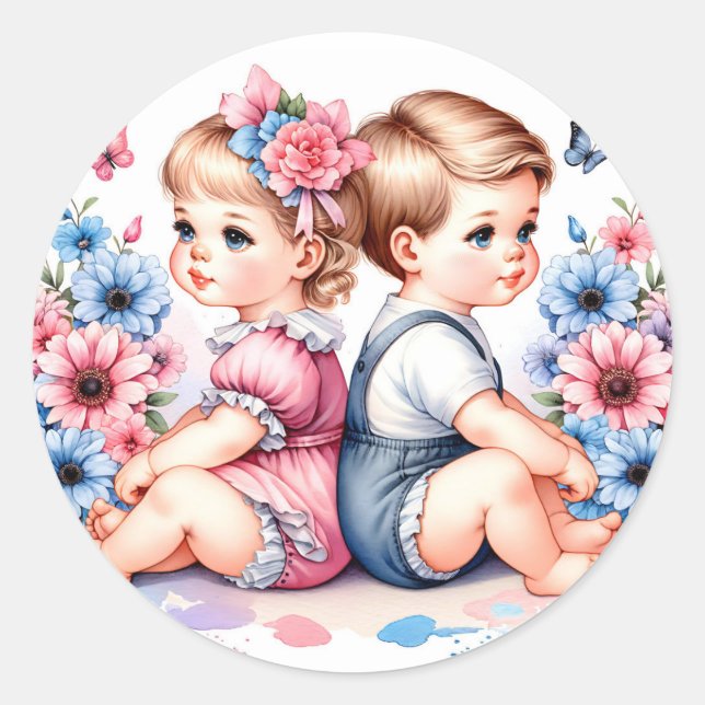 Sticker Rond Jumeaux Vintages | Garçon et fille (Devant)