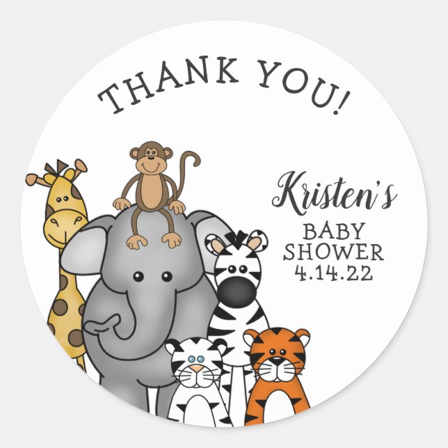 Sticker Rond Jungle Animaux Baby shower merci pour l'autocollan (Devant)