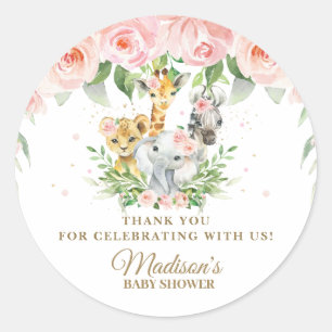 Sticker Rond Jungle Animaux Safari Rose Floral Merci Favoriser