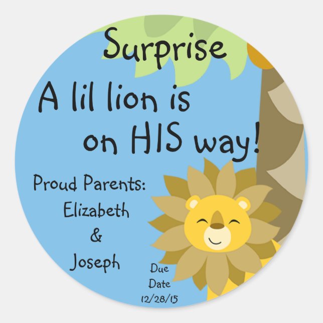 Sticker Rond Jungle King Lion Blue Sky Surprise Baby Zoo Safari (Devant)