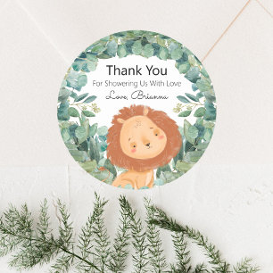 Sticker Rond Jungle Lion Baby shower vert Merci
